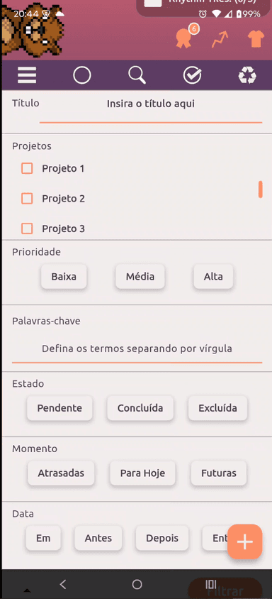 Tela do app mostrando filtros e organização