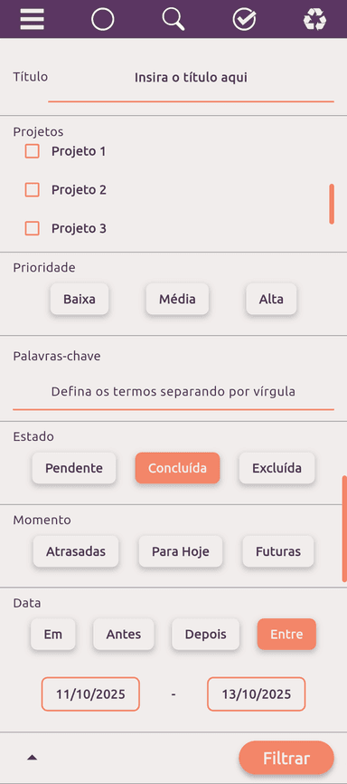 Tela do app mostrando filtros e organização