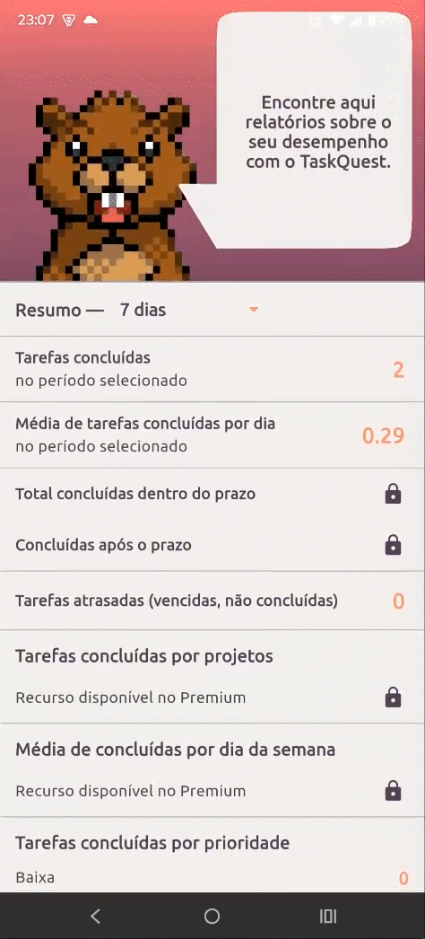Tela do app com gráficos de progresso